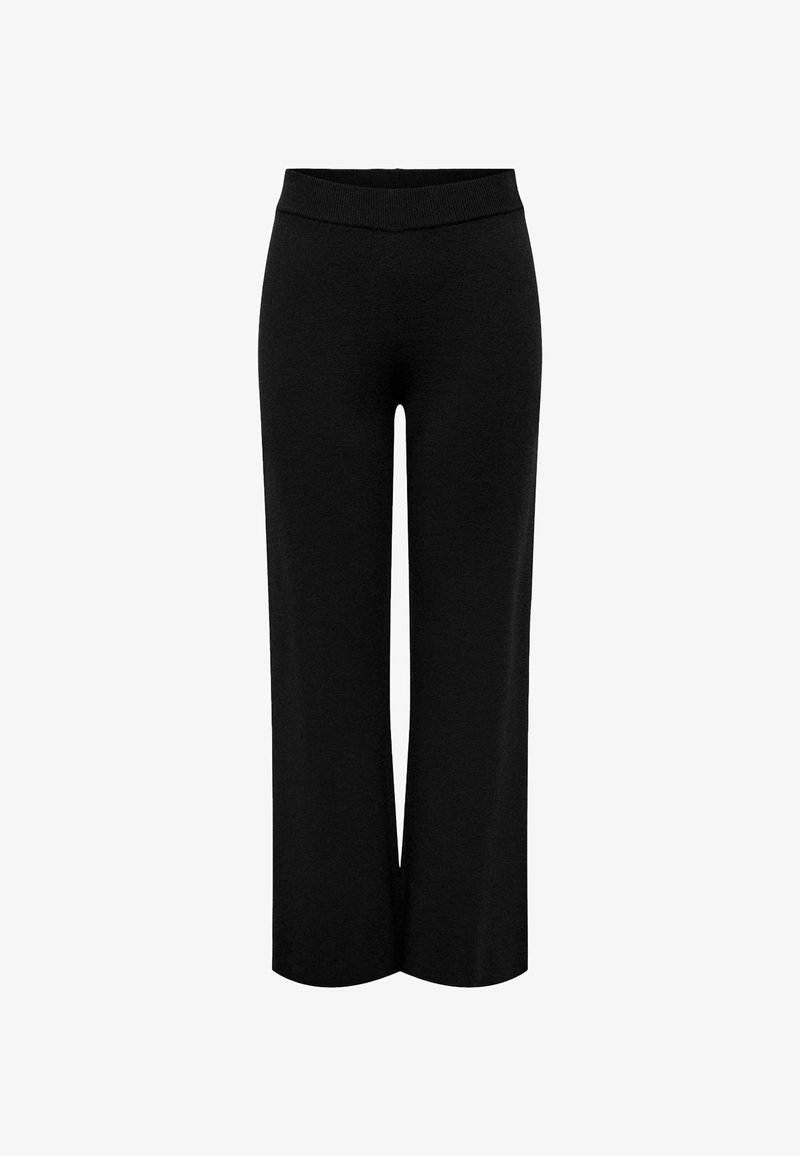 Pantalones de pierna ancha negros, fabricados con un tejido elástico. Cuentan con una cintura alta con ribete. Textura suave, de longitud hasta el tobillo y sin costuras ni bolsillos visibles.