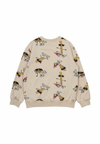 Felpa beige con una stampa a motivo di skateboard, api e altri elementi in nero e giallo su tutta la superficie. Polsini a coste e scollo rotondo.