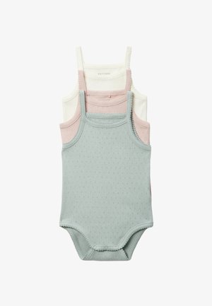 Pile de trois bodies pour bébé avec bretelles, en vert clair, rose et crème, présentant de petits motifs à pois et des fermetures à pression au bas.