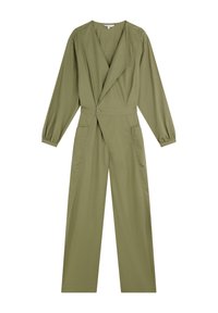 Olivengrøn jumpsuit med lange ærmer, V-hals og indpakningsdesign. Har to sidelommer og en struktureret, skræddersyet pasform.