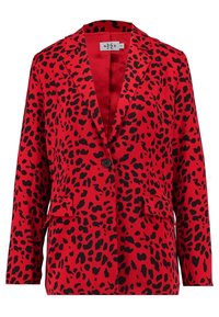 Czerwony żakiet w czarne leopardi wzory, z klapami, jednostkowym zapięciem na guzik oraz dwiema przednimi kieszeniami. Gładka faktura materiału.