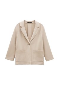Beige sako vyrobené z měkké tkaniny, s klopingovým límcem, zapínáním na jeden knoflík a dvěma předními kapsami se čtvercovými vzory.