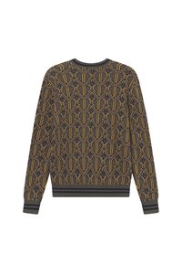 Maglione a maglia con un motivo geometrico in grigio scuro e senape, con polsini e orlo a coste, scollo a girocollo e dettagli testurizzati.