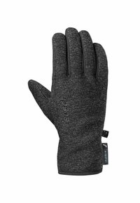 Zwarte handschoenen van een gestructureerde stof, met een strakke pasvorm, gebogen vingers en een klein merklabel op de pols.