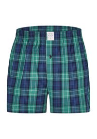 Boxers a cuadros verdes y azul marino con cinturilla elástica, que cuentan con un cierre de botón único y tela texturizada. Los patrones incluyen rayas alternas.