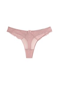 Lace trusse i blød pink, med blomstermotiv, gennemsigtige mesh-paneler og en lille sløjfe-Accent i midten foran. Scalloperede kanter.