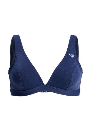 Marineblauw textuur bikini top met dunne bandjes, V-hals, voorste sluiting en een klein lichtblauw logo op de linker cup.