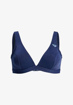 Marineblauw textuur bikini top met dunne bandjes, V-hals, voorste sluiting en een klein lichtblauw logo op de linker cup.