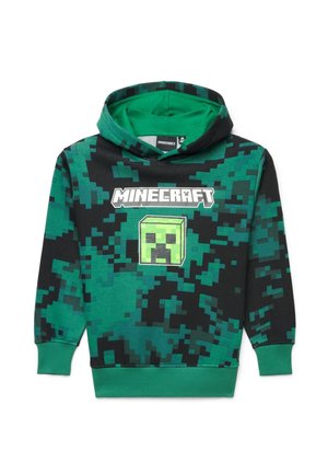 Felpa con cappuccio pixelata verde e nera per bambini con logo Minecraft e volto del personaggio Creeper sul davanti.
