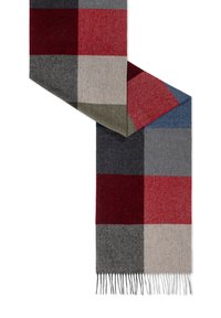 Wool scarf in a checkered pattern featuring red, gray, blue, and beige squares. Edges have black fringe detailing. Soft texture.