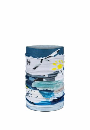 Multicolored tubular neck gaiter with seagull, sun, waves, and Buff logo printed on stretchy fabric.