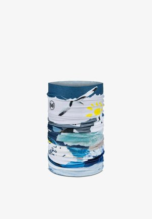 Multicolored tubular neck gaiter with seagull, sun, waves, and Buff logo printed on stretchy fabric.