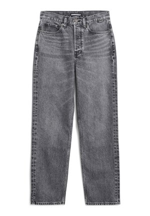 High-waisted, straight-leg jeans in black denim with a faded wash. Features five pockets, belt loops, and stitching accents.