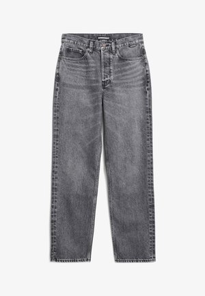 Jeans a vita alta, dritti, in denim nero con lavaggio sbiadito. Presentano cinque tasche, passanti per cintura e dettagli di cucitura.