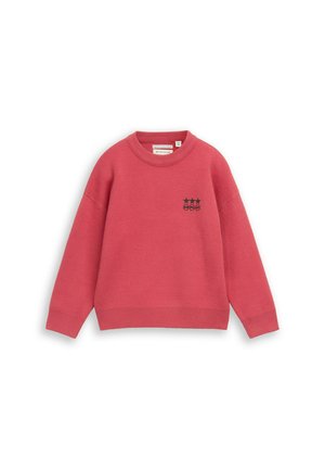 Roter Langarm-Pullover mit Rundhalsausschnitt, gerippten Bündchen und Saum, mit einem kleinen schwarzen Logo mit drei Sternen und einem Kreis auf der linken Brust.