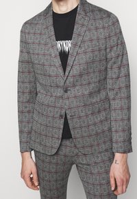 Grijze geruite blazer met rode accenten, een gestructureerde stof, gesneden revers en twee knopen. Draag het over een zwart graphic T-shirt.