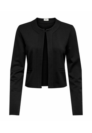 Czarna kurtka damska krótka z długimi rękawami, otwartym przodem, okrągłym dekoltem i dwoma małymi przednimi kieszeniami.