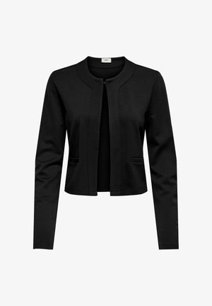 Veste courte pour femmes noires avec manches longues, devant ouvert, encolure ronde et deux petites poches avant.