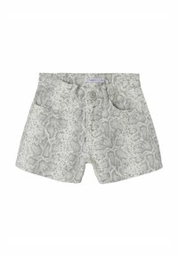 Ljust grå ormskinnstrykt shorts med knappstängning, fem fickor och standard midja, tillverkade av denim.