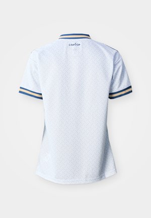 Light blue short-sleeve shirt with navy and beige striped cuffs and collar, subtle geometric pattern, "italia" embroidered at the upper back.