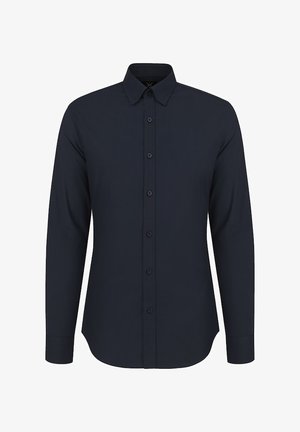 Ciemnoniebieska koszula z długim rękawem, wykonana z tkaniny tkanej, z kołnierzykiem w szpic, zapięciem na guziki z przodu i zaokrąglonym dołem. Gładka faktura.