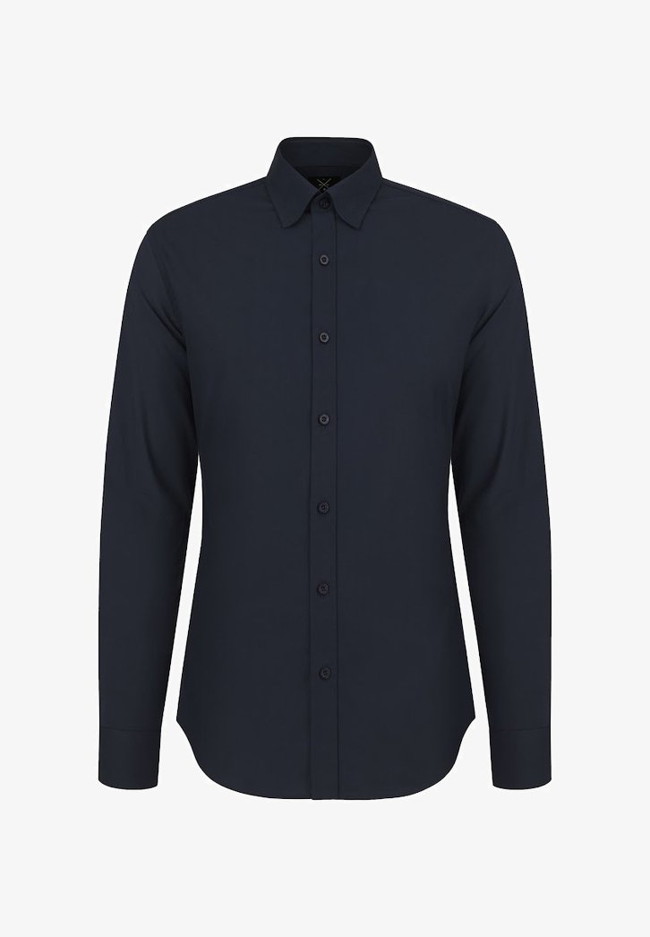 Ciemnoniebieska koszula z długim rękawem, wykonana z tkaniny tkanej, z kołnierzykiem w szpic, zapięciem na guziki z przodu i zaokrąglonym dołem. Gładka faktura.