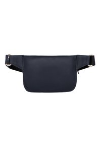 Borsa a vita in pelle blu navy con texture liscia, dotata di chiusura con zip, tracolla regolabile e design minimalista.