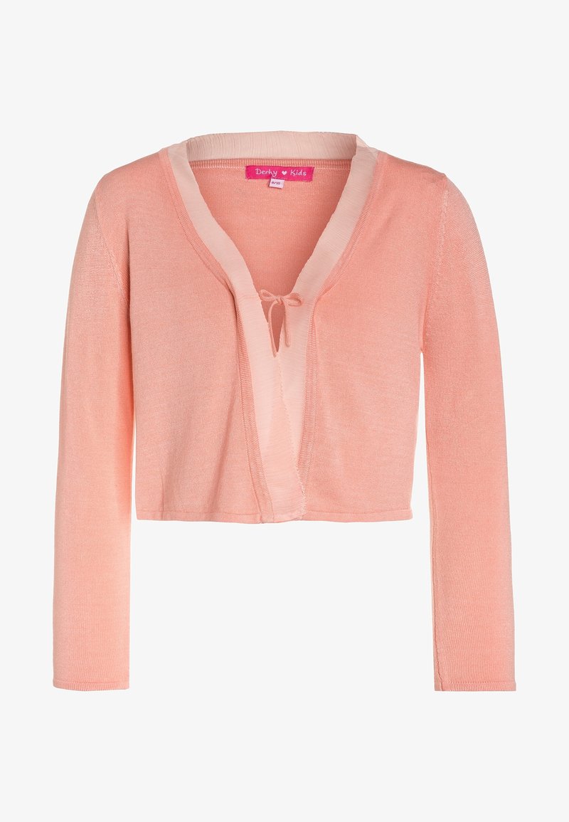 Cardigan corto rosa chiaro realizzato in morbido materiale a maglia, con maniche lunghe, scollatura a V e chiusura con fiocco davanti.