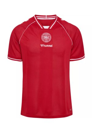 Red short-sleeve soccer jersey with white trim, Denmark football team emblem, and Hummel logo on the chest.