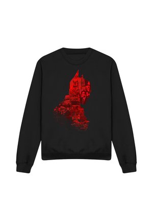 Black sweatshirt with a red graphic of Batman's silhouette filled with newspaper clippings and character faces from the Batman story.