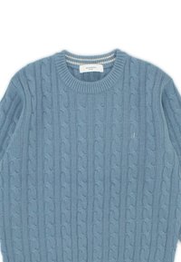 Light blue cable-knit sweater with a ribbed crew neckline. Features textured pattern and subtle logo embroidery on the front.