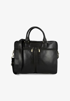 Czarna skórzana teczka na dokumenty z podwójnymi uchwytami, regulowanym paskiem na ramię, dwoma przednimi kieszeniami na zamek błyskawiczny oraz teksturowanym wykończeniem.