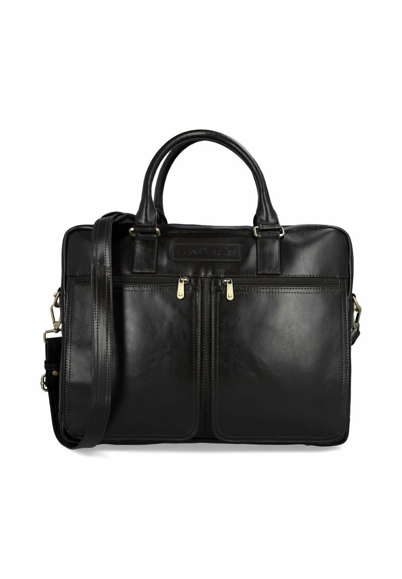 Czarna skórzana teczka na dokumenty z podwójnymi uchwytami, regulowanym paskiem na ramię, dwoma przednimi kieszeniami na zamek błyskawiczny oraz teksturowanym wykończeniem.