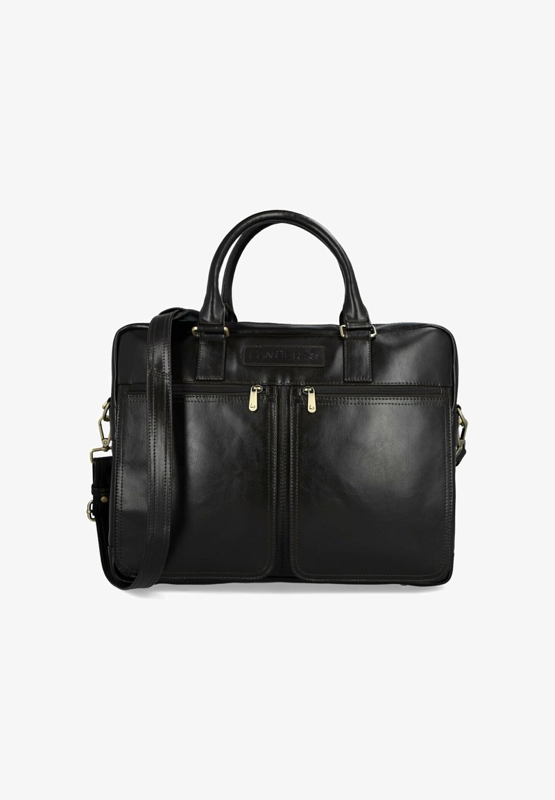 Czarna skórzana teczka na dokumenty z podwójnymi uchwytami, regulowanym paskiem na ramię, dwoma przednimi kieszeniami na zamek błyskawiczny oraz teksturowanym wykończeniem.