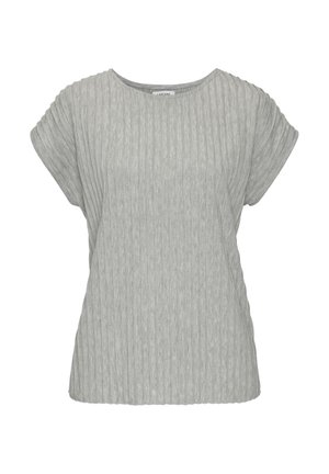 Gray cotton t-shirt with short sleeves, ribbed texture, and a round neckline. Features a relaxed fit and subtle stitching details.