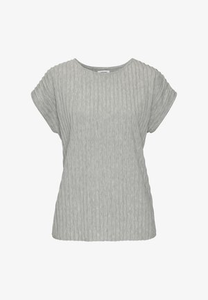 Graues Baumwoll-T-Shirt mit kurzen Ärmeln, geripptem Textur und rundem Halsausschnitt. Hat eine lässige Passform und dezente Nähdetails.