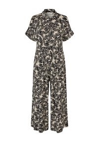 Zwarte en beige jumpsuit met korte mouwen, kraag en een bladerpatroon. Losse pasvorm met wijde benen, gemaakt van zacht materiaal.