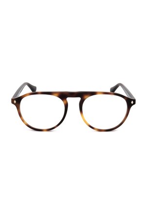 Montatura rotonda per occhiali con effetto tartaruga e terminali delle astine neri, caratterizzata da un ponte a foro chiave e piccoli dettagli metallici a forma di diamante agli angoli.