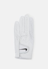 Bjela golf rukavica napravljena od kože s perforiranom ventilacijom. Ima crni Nike logo i podesivu narukvicu.