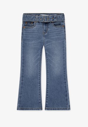 Ljusblå denim jeans med vida ben, bred midja, justerbart bälte och framfickor. Slät textur med subtila blekningar.
