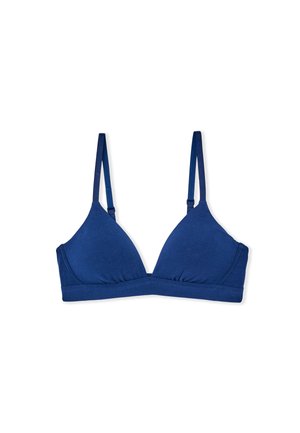 Blauer, dreieckiger BH aus weichem Stoff, mit verstellbaren Trägern und nahtlosem Design für eine glatte Silhouette.