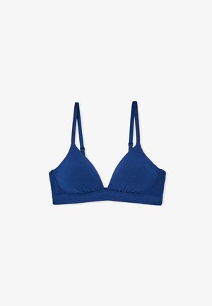 Blue, triangular bra made from soft fabric, featuring adjustable straps and a seamless design for a smooth silhouette.