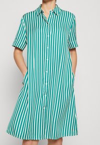 Vihreä ja valkoinen raidallinen mekko lyhyillä hihoilla, nappikiinnitys edessä, kaulus ja sivutaskut. Hieman levenevä helma. Puuvillasekoitekangasta.