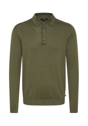 Polo de manga larga verde oliva, hecho de una suave tela de punto, con cuello con solapa, tapeta de tres botones y puños acanalados.