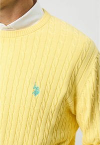 Gul kabelstickad tröja med ribbat rundhalsat halsband och en broderad turkos logotyp på vänster bröst. Mjuk, texturerad tyg.