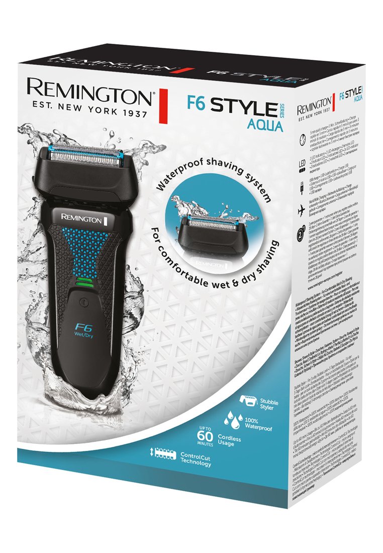 Afeitado Remington F6 Style Aqua, con un diseño impermeable, un agarre texturizado en negro, acentos en azul y tecnología ControlCut para uso en seco/húmedo.