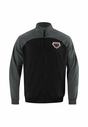 Black and gray zip-up jacket with a high collar, elastic cuffs, and hem, featuring an emblem on the left chest area and side pockets.