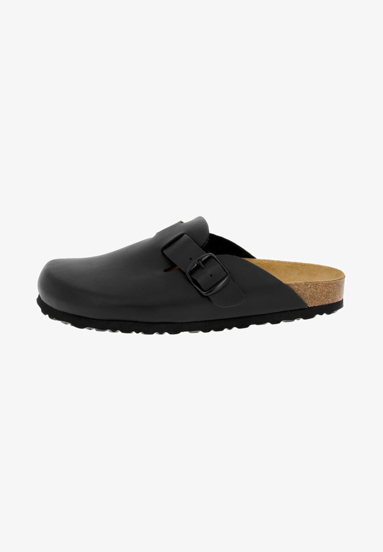 Black synthetic clog with a cork footbed, adjustable buckle, and textured rubber sole. Closed toe design with a minimalist silhouette.