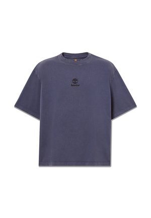 Donkerblauw T-shirt met korte mouwen en ronde hals, met een klein zwart Timberland-boomlogo in het midden van de borst.