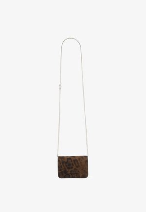 Leopard-print suede crossbody bag with a short silver chain strap. Features a rectangular shape and a textured surface.